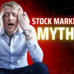 Visual representation of stock market myths being debunked, with charts, headlines, and investor reactions