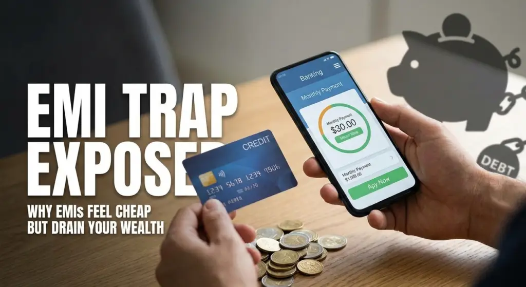 Person holding a credit card and a phone showing monthly EMI payment, with coins on a table and a piggy bank symbol representing debt and savings loss.