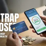 Person holding a credit card and a phone showing monthly EMI payment, with coins on a table and a piggy bank symbol representing debt and savings loss.