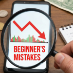 Beginner investor overwhelmed by market charts, showing why many new investors lose money due to mindset and expectations.