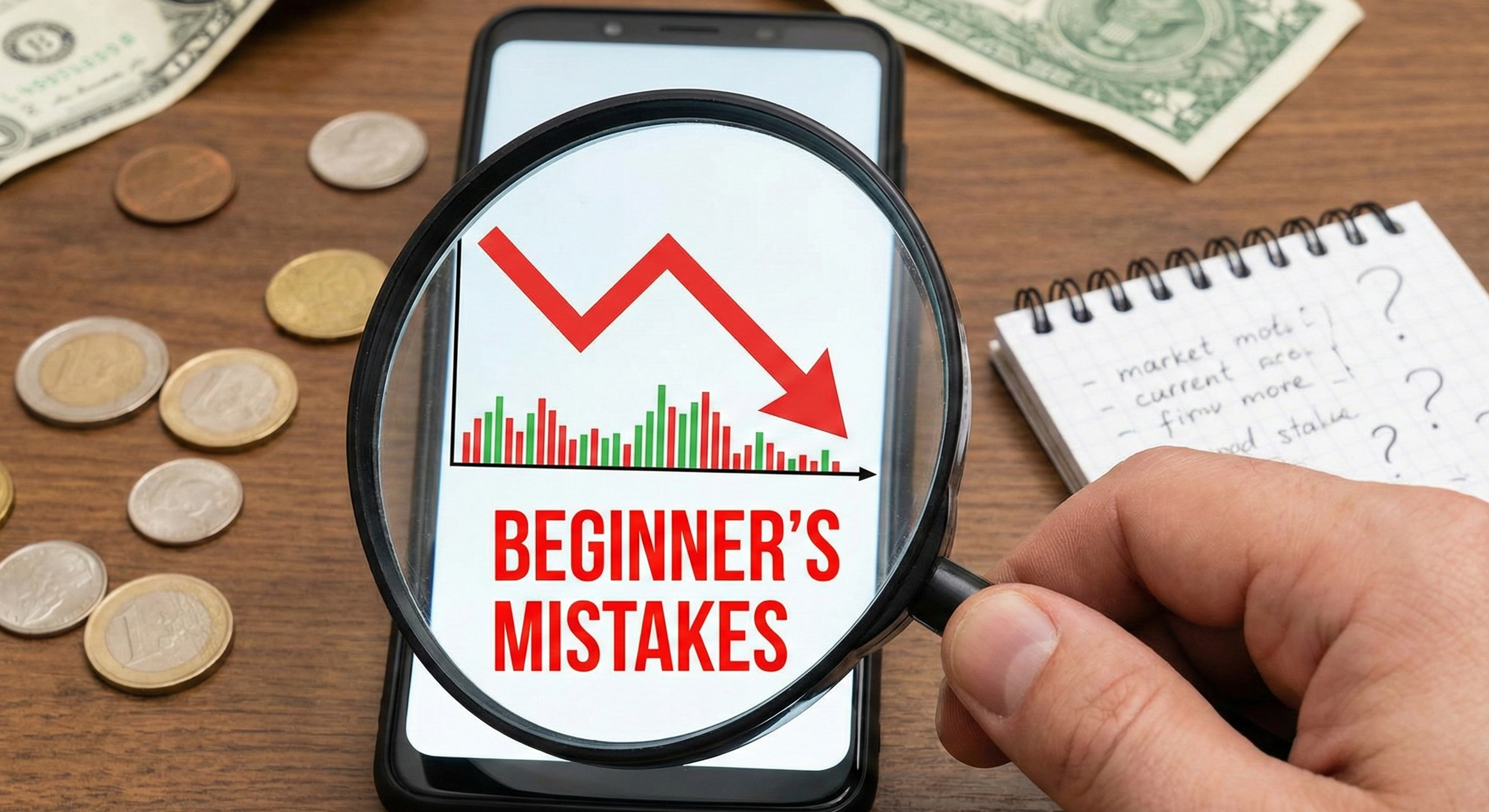 Beginner investor looking confused by market charts, illustrating why many new investors lose money due to unrealistic expectations.