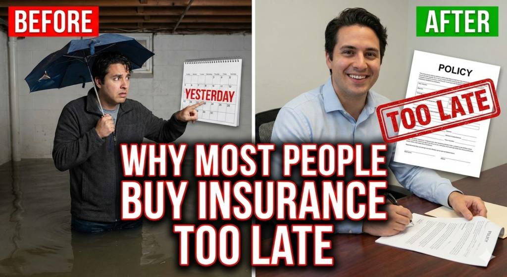 Split image showing a man unprepared during a flood marked “Before” and the same man signing an insurance policy marked “After – Too Late,” illustrating why most people buy insurance only after a crisis.