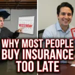 Split image showing a man unprepared during a flood marked “Before” and the same man signing an insurance policy marked “After – Too Late,” illustrating why most people buy insurance only after a crisis.