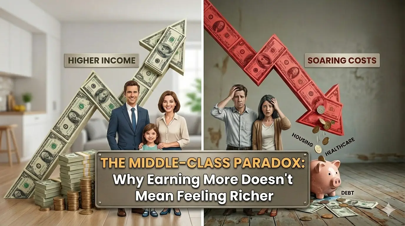 llustration showing a middle-class family with rising income on one side and rising living costs on the other, highlighting how higher earnings don’t always lead to financial security.