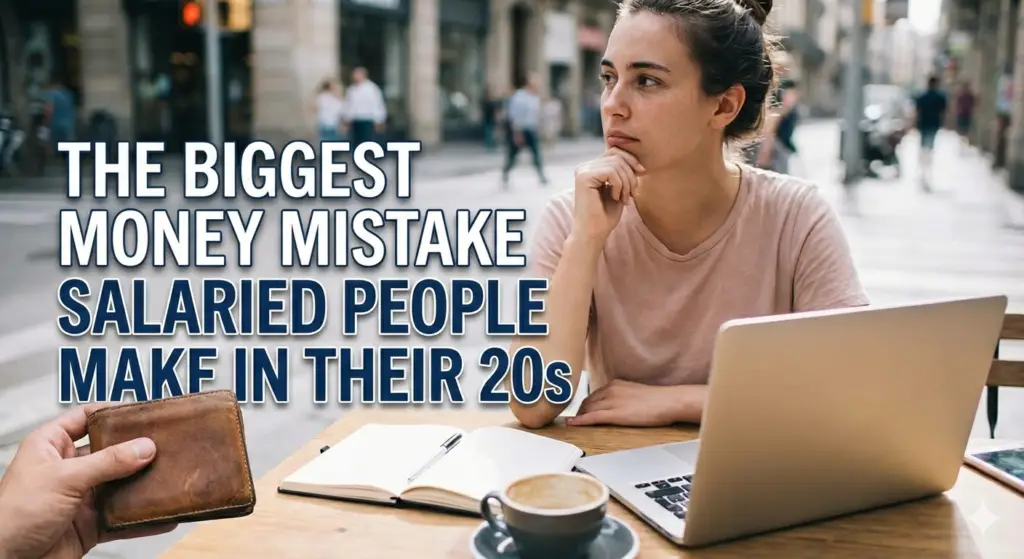 Young salaried professional sitting with a laptop and notebook, thinking about money decisions and financial mistakes in their 20s.