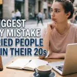 Young salaried professional sitting with a laptop and notebook, thinking about money decisions and financial mistakes in their 20s.