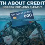 Illustration showing a credit card with an excellent credit score trapped underwater by chains, symbolizing hidden truths and misunderstandings about credit scores.