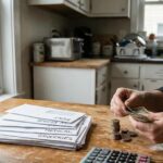 Person reviewing monthly payment plan with magnifying glass while building emergency funds