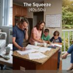 Person reviewing monthly budget showing how financial security feels different at various life stages