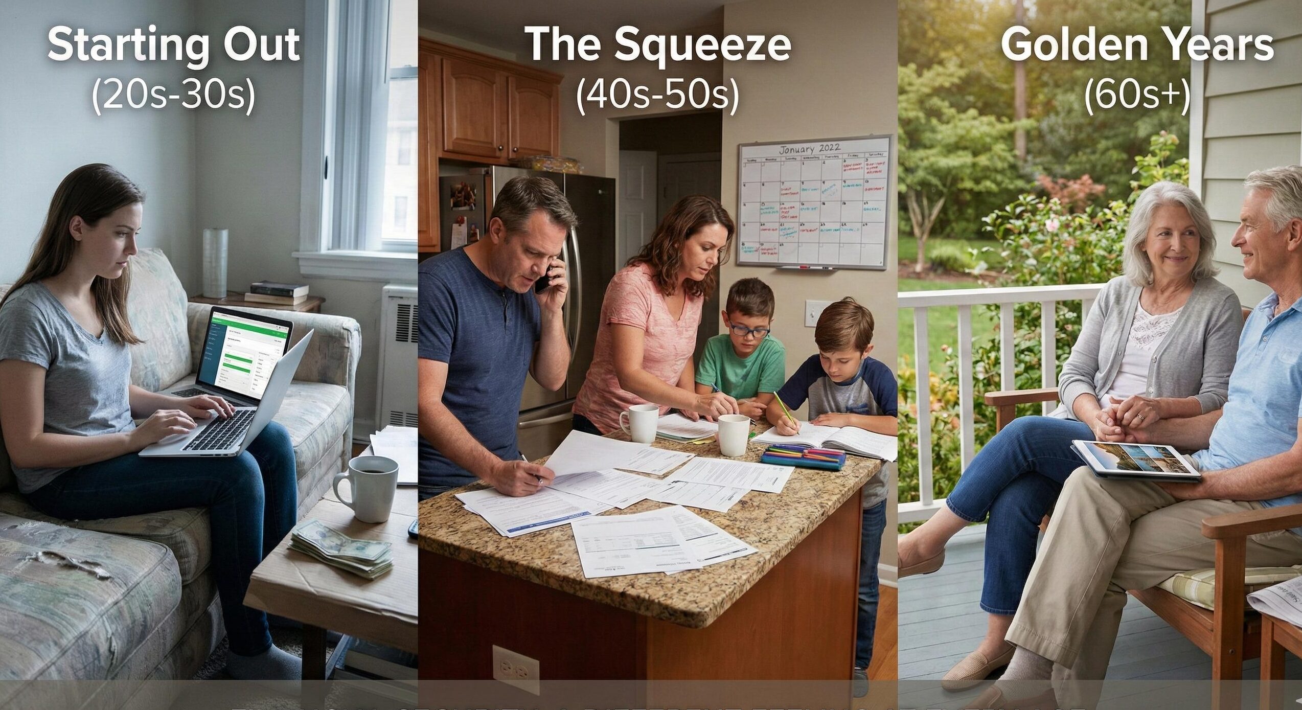 Person reviewing monthly budget showing how financial security feels different at various life stages