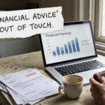 Person looking confused while reading financial advice on laptop with bills and budget spreadsheet