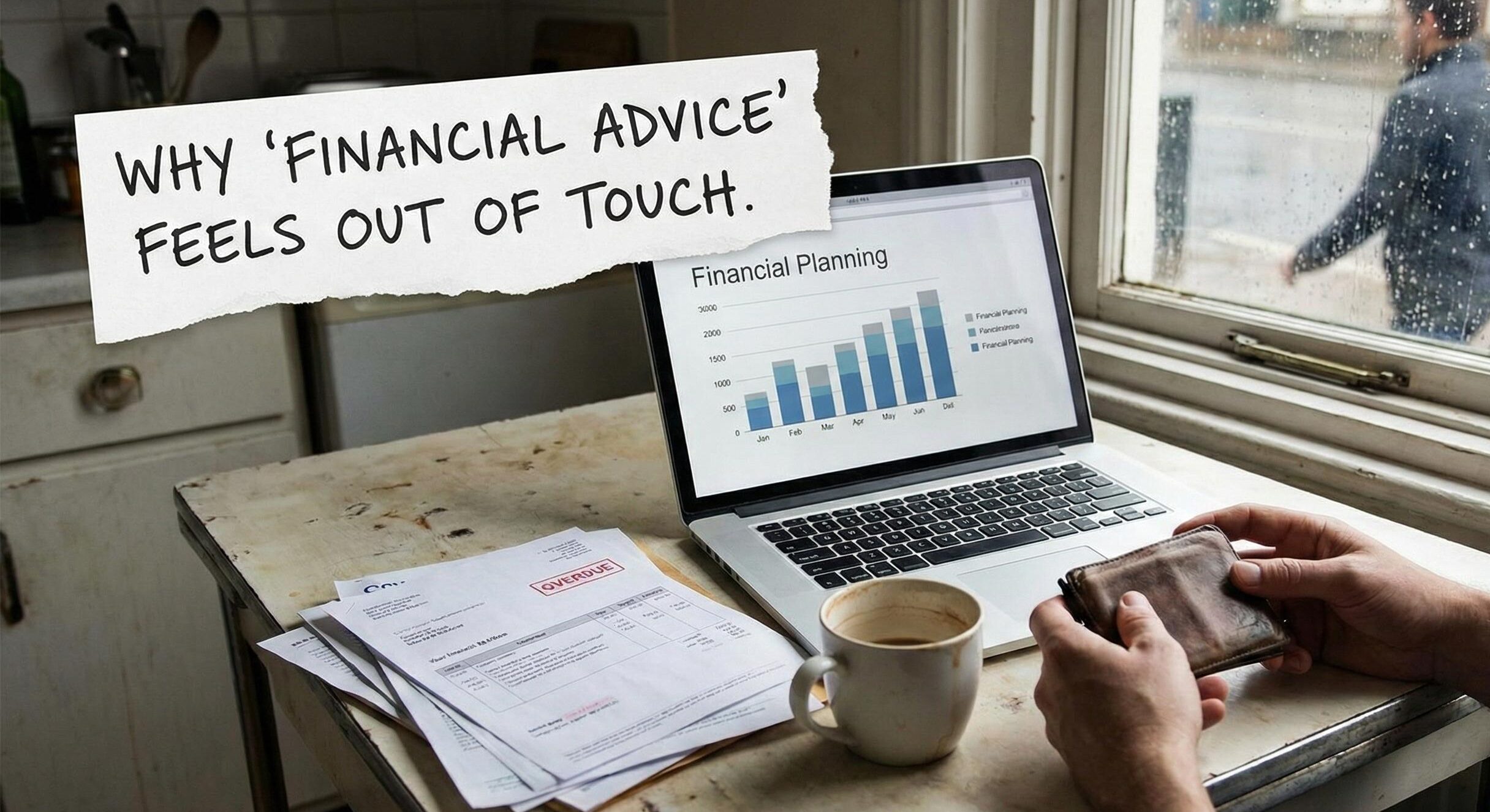 Person looking confused while reading financial advice on laptop with bills and budget spreadsheet