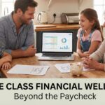 Middle class family discussing what a good financial life means while reviewing household budget together