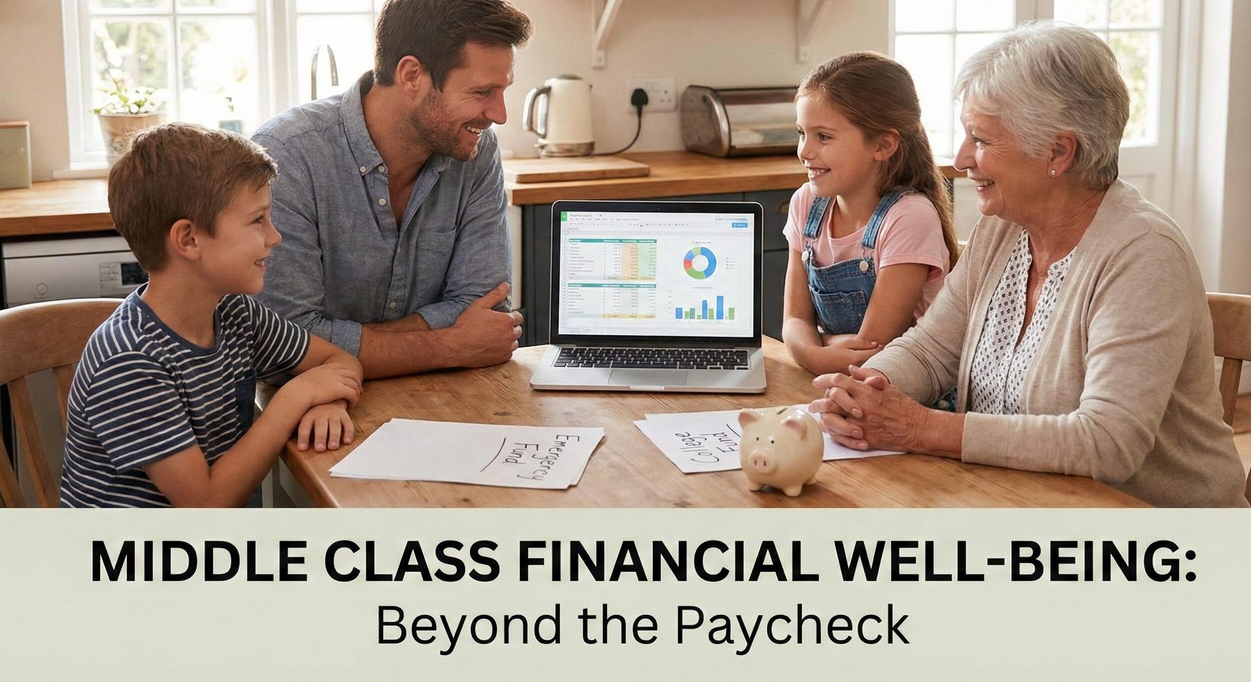 Middle class family discussing what a good financial life means while reviewing household budget together