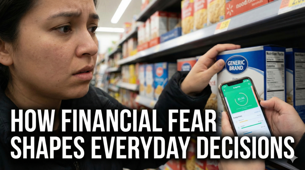 Person reviewing monthly budget decision with financial fear while examining payment plan with magnifying glass