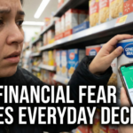 Person reviewing monthly budget decision with financial fear while examining payment plan with magnifying glass