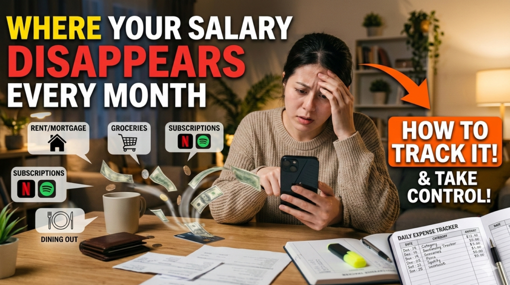 A person checking phone shocked where salary disappears every month